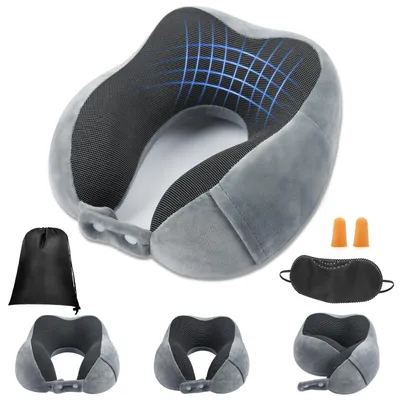 Productafbeelding van Omgoods - Reiskussen van Traagschuim - Ergonomisch Neksteunkussen met Oordoppen en Slaapmasker