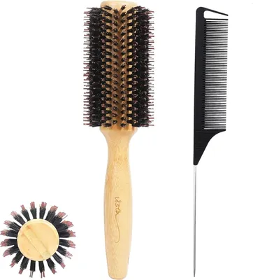 Produktbild von Runde Haarbürste für Styling mit Bambusgriff und Schweinehaar