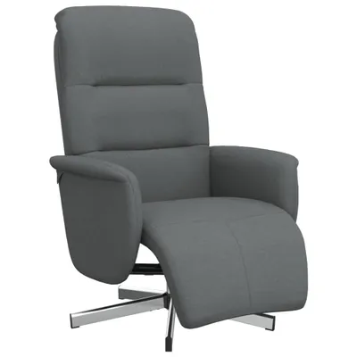 A dark gray fabric recliner chair with a footrest is shown from a three-quarter front view, angled slightly to the right, against a white background. The chair features a padded backrest with horizontal stitching and cushioned armrests. The footrest is ext