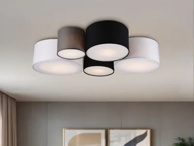Produktbild von Ausgefallene LED Deckenleuchte mit 5x Stoffschirm für Wohnzimmer & Schlafzimmer