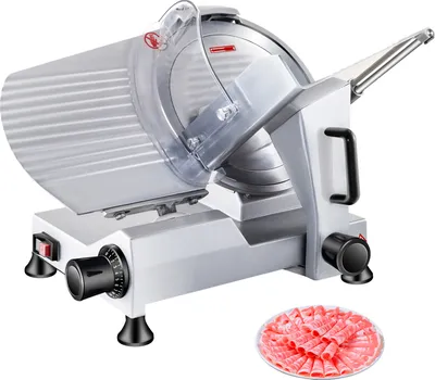 Zdjęcie produktu dla Komercyjna krajalnica do mięsa SucceBuy, 240 W elektryczna krajalnica delikatesowa z 10-calowym ostrzem ze stali węglowej, 350-400 obr/min, regulowana grubość 0-0,47 cala, idealna do użytku domowego i komercyjnego