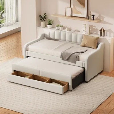 Produktbild von Flieks Schlafsofa mit Ausziehbett und Schublade, Sofabett Tagesbett Daybed mit Lattenrost, Gästebett Polsterbett Einzelbett 90x200cm/90x190cm, Leinen