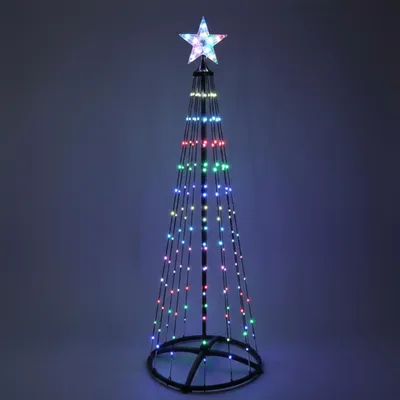 Image de Arbre de Noël lumineux avec étoile en sommet, 150 cm, pour extérieur, avec télécommande et minuterie - 154 LED - Arbre de Noël en métal noir, multicolore, avec changement de couleur