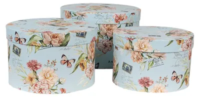 Produktbild von Clayre & Eef Aufbewahrungsbox 3er Set Ø 24x16 / Ø 22x15 / Ø 21x13 cm Blau Karton Blumen