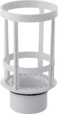 A white plastic drain assembly for a toilet cistern.