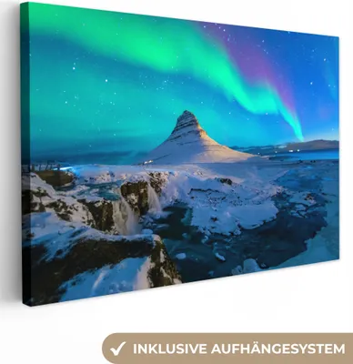 Produktbild von OneMillionCanvasses® - Leinwandbilder - 150x100 cm, Nordlichter - Berge - Island, Wandbilder Kunstdruck Wanddekoration