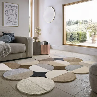 Produktbild von Wollteppich Kreis Wellenform, Wohnzimmer Beige-Braun Rechteckig 200x290 | 100% Wolle, Rücken aus 75% Baumwolle, 25% Polyester | Florhöhe: 12 cm | Handgetuftet