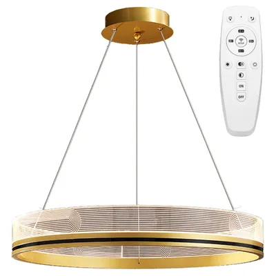 A modern gold and white pendant light with a remote control.