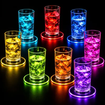 Produktbild von PRECORN LED Untersetzer 8er Set, leuchtende Bierdeckel aus Acryl mit ON/OFF-Taste für Gläser, Flaschen, Party, Hochzeit & Bar