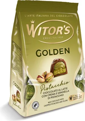 Produktbild von Witor's Golden Pistacchio Milchschokolade mit Pistaziencreme und Piatscchiokörnern Schokoladenpraline 200g Packung