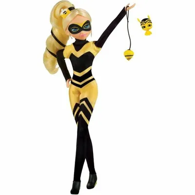 A doll dressed as a bee queen is shown against a white background.