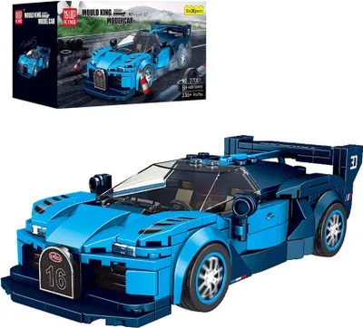 A blue toy sports car model and its packaging.