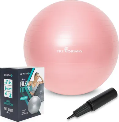 A pink exercise ball with its packaging and a pump on a white background.