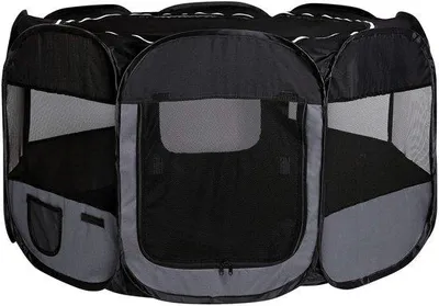 Productafbeelding van Hondenren Puppyuitloop - Zwart/Grijs Achthoekig - 110x110x64 cm - Oxford Stof - Voor Kleine Honden