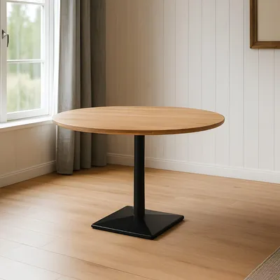 Produktbild von Bistrotisch Brasilia | 120 x 120 cm rund | Akazienholz massiv | Farbe: Natur | Schweizer Kante | Säulenfuß Metall Schwarz | pflegeleichter Küchentisch/Kleiner Esstisch/runder Säulentisch