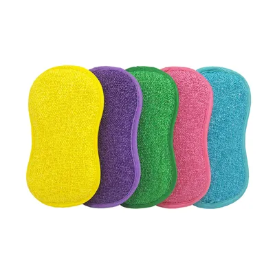 A set of five colorful sponges arranged in a row against a white background.