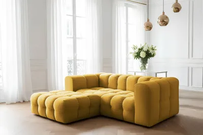 Produktbild von Ecksofa Designersofa SOLVIE XS in Stoff Tiffani Honiggelb Ottomane Links
