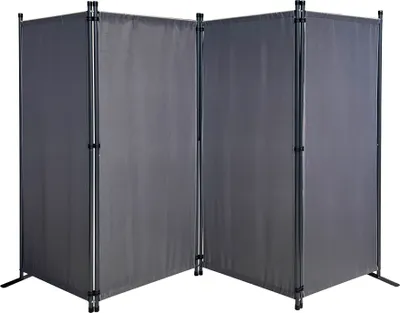 A gray, four-panel room divider is shown against a white background.
