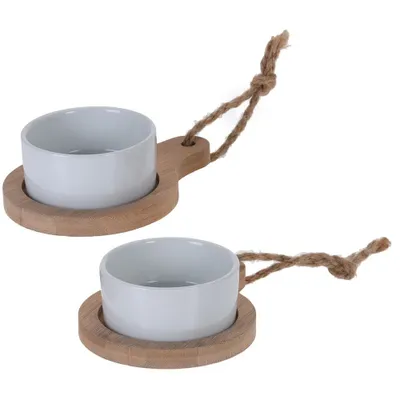 Zdjęcie produktu dla Zestaw do przekąsek, dressingów i przystawek - 2 okrągłe porcelanowe miseczki na tackach
