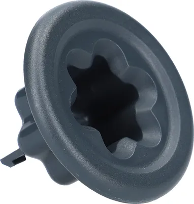A close-up, isolated shot of a dark gray motor coupling for a kitchen machine.
