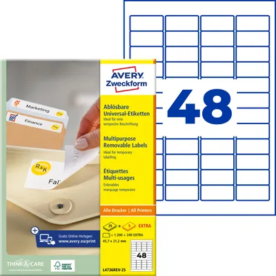Produktbild von Avery Zweckform L4736REV-25, Universal-Etiketten, ablösbar, A4, 45,7 x 21,2 mm, 1.440 Etiketten / 30 Bögen, weiß