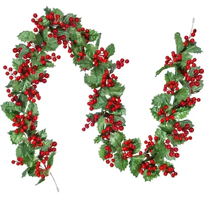 Productafbeelding van Kerstkrans met rode bessen en hulstbladeren, 175 cm