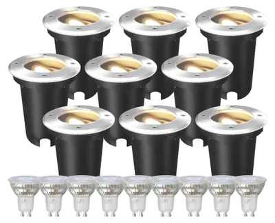 Immagine prodotto di Set di 9 faretti a LED da esterno, alimentazione a terra, grado di protezione IP67, 3W, 230V, 345 lumen, 2700K, attacco GU10, colore bianco