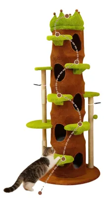 Productafbeelding van Kattenactiviteitencentrum, 187 cm hoog, vijf verdiepingen, geschikt voor kittens tot 6 kg, afmetingen: 73 cm diameter van de basis, kleur: groen en bruin