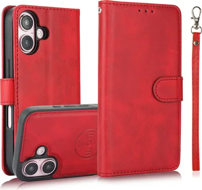 Produktbild von Mobigear Wallet iPhone 16 Hülle Abnehmbare 2in1 Klapphülle Geldbörse - Rot