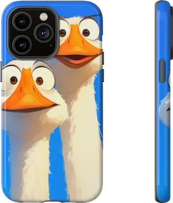 Produktbild von Zwei lustige Gänse mit großen Augen auf blauem Hintergrund – Hülle Kompatibel mit iPhone 14 Pro Max