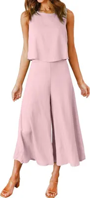 Produktbild von ASKSA Damen 2 Teiliges Outfit Sommer Ärmellos Rundhals Tank Top Weite Beinhose Freizeitanzug Zweiteiler, Hellrosa, M