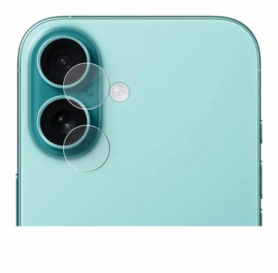A close-up view of the rear camera module of a teal smartphone, with protective glass covers placed over the lenses.