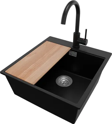 Produktbild von PRIMAGRAN Granitspüle Schwarz 48x50cm, Spülbecken 1 Becken + Küchenarmatur 32x20cm + Ablauf-Set + Schneidebrett, Küchenspüle ab 50er Unterschrank - Oslo