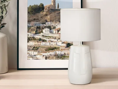 Produktbild von Ausgefallene Designer Tischlampe mit LED dimmbar, Keramikfuß & Stoffschirm Weiß