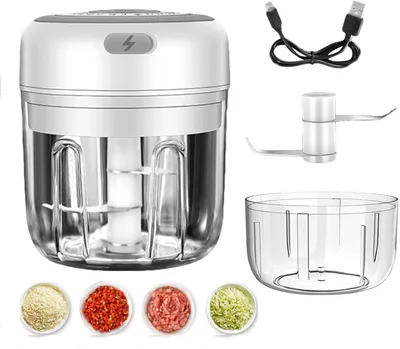 Obrázek produktu pro Mini krouhač, Kuchyňský krouhač elektrický 2 v 1 (100 ml + 250 ml), Elektrický kráječ cibule, Elektrický krouhač cibule, Kuchyňský robot na zeleninu, ovoce a maso