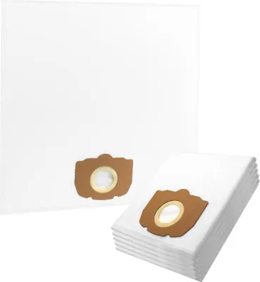 A stack of white vacuum cleaner bags with brown cardboard collars and a single vacuum bag in the background.