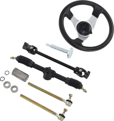 A collection of go-kart steering components, including a steering wheel, steering rack, tie rods, and various small parts, laid out on a white background.