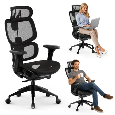 Obrázek produktu pro SENSE7 Nobu Ergonomická kancelářská židle, černá, s 3D opěrkami, opěrkou hlavy, síťovaným opěradlem, houpací funkcí, manažerská židle, pro domácí kancelář, nosnost 130 kg