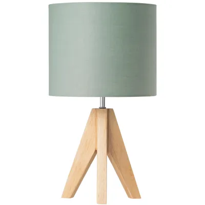 A table lamp with a green shade and a wooden tripod base, presented against a white background.