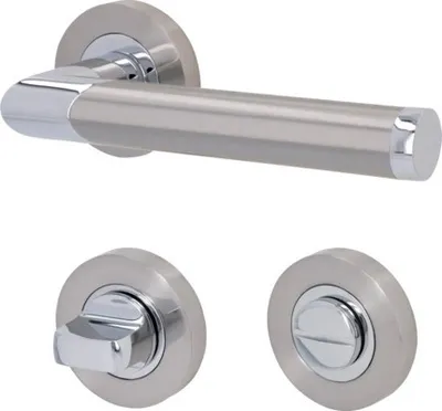 A set of door hardware, including a handle and two rosettes, displayed against a white background.