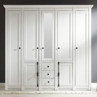 Produktbild von Großer Landhaus Kleiderschrank WINGST-61 mit Spiegel und Kleiderstankgen im Pinie weiß Nb. B/H/T ca. 227x206x64cm