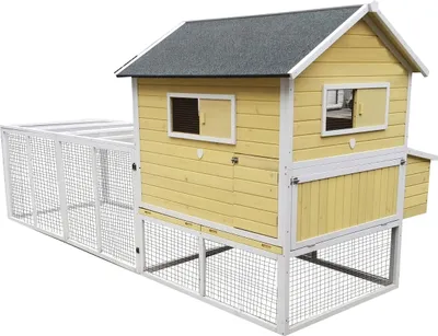 Produktbild von Dehner Hühnerstall Happy Farm Miami, mit Freigehege, 158.5 x 337 x 145.8 cm, Holz/Filz, gelb/weiß