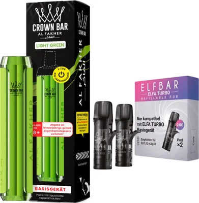 Produktbild von Al Fakher Crown Bar 600 Pod Kit Hellgrün – 500 mAh Akkuträger inkl. 2 x 0,8 Ohm Leerpods, USB-C, 2 ml Pod System, DTL & MTL, wiederaufladbar, ohne Liquid