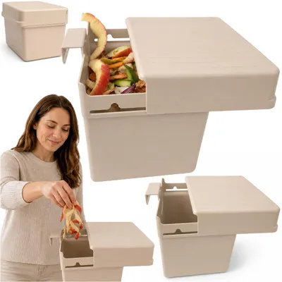 Image de Panier à épluchures et déchets de cuisine à fixer sous un meuble, récipient Unibox avec couvercle, couleur beige latte