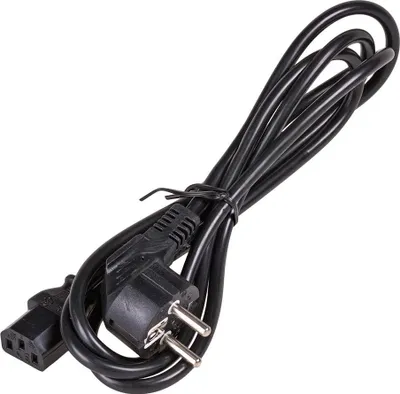 A black power cord with two different plugs on either end, laid out on a white background.
