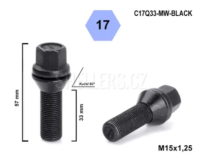 Obrázok produktu pre Skrutka kolesa M15x1,25x33 kužeľová, s pohyblivým čelom, kľúč 17, C17Q33-MW-BLACK, čierna, výška 57 mm