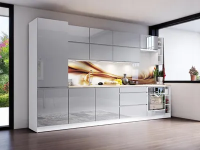 Produktbild von Milaros Markt, Küchenmöbel-Set, Grau, Hochglanz MDF, 340 cm, griffloses System, 14-teilig, K40-M340, ohne Arbeitsplatte & E-Geräte
