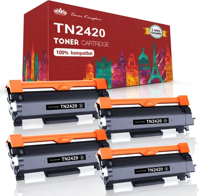 A product shot of four toner cartridges and their packaging.