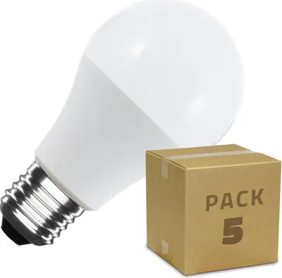 A white LED light bulb and a small cardboard box labeled 'PACK 5' are shown against a white background.