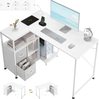 Immagine prodotto di Scrivania angolare a forma di L con prese di corrente e porte USB | Bianco | 120x80x75 cm